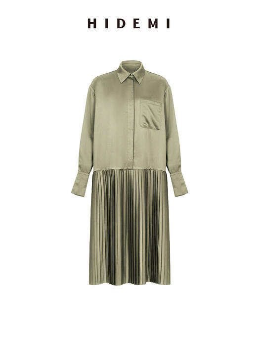 HIDEMI 缎面褶皱衬衫设计感百褶连衣裙 巧克力棕/微光绿 商品图11