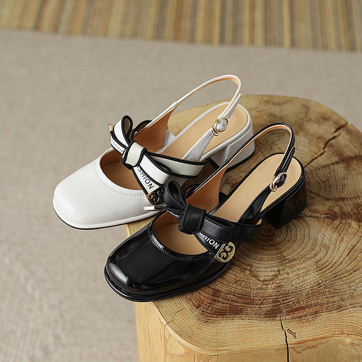 一字带蝴蝶结，方头粗跟高跟鞋YF-D20106-2 商品图2