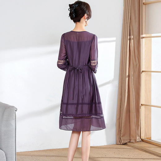 纯色薄款中长裙，蕾丝网纱拼结裙A字裙七分中袖连衣裙QYM-TYH-PD2227-Y 商品图2