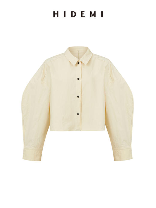 HIDEMI特殊工艺纸感微浮雕感艺术面料极简大廓形袖衬衫 奶油白/牛油果绿 商品图13