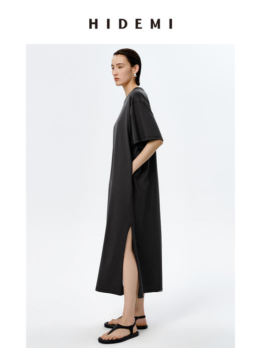 HIDEMI 自然棉系列廓形宽松短袖T恤长款连身裙 白色/深灰/豆乳色/巧克力色 商品图9