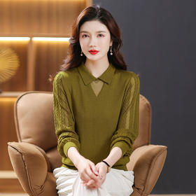 QY YM6975娃娃领镂空针织衫洋气纯色宽松上衣