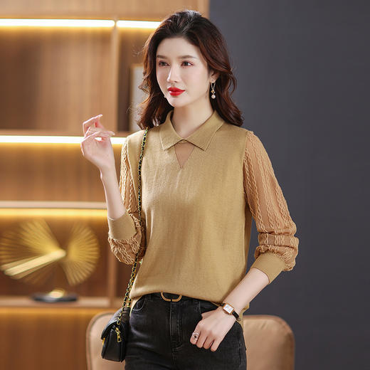 QY YM6975娃娃领镂空针织衫洋气纯色宽松上衣 商品图1