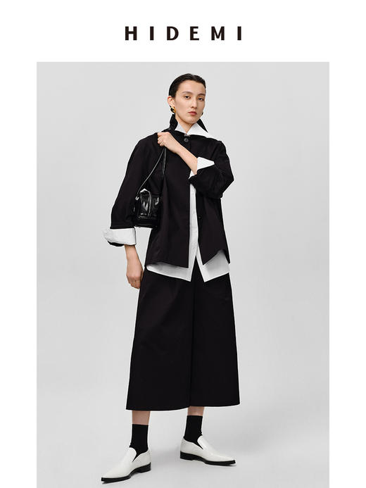 HIDEMI高密自然棉翻领短款风衣套装 外套/阔腿裤 黑色 海鸥灰绿 商品图2