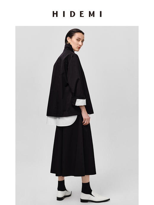 HIDEMI高密自然棉翻领短款风衣套装 外套/阔腿裤 黑色 海鸥灰绿 商品图5