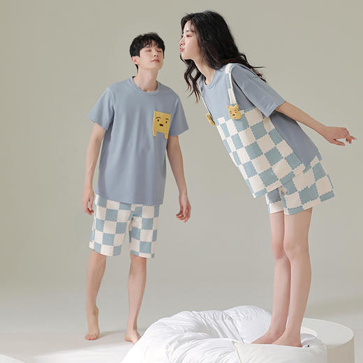 可人儿夏季情侣纯棉睡衣女韩版卡通休闲大码外穿短袖男家居服套装 商品图4