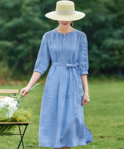 2023春原创文艺亚麻连衣裙纯色气质侧开叉长裙YM-S348 商品图3