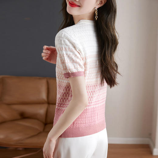 镂空显瘦短袖条纹针织衫，夏季新款短款百搭上衣薄半袖小衫CC-MLX367 商品图3