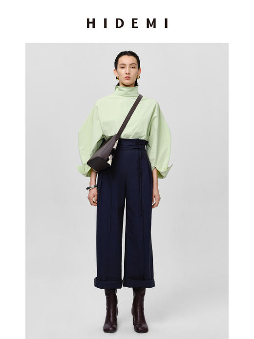 HIDEMI特殊工艺纸感微浮雕感艺术面料极简大廓形袖衬衫 奶油白/牛油果绿 商品图1