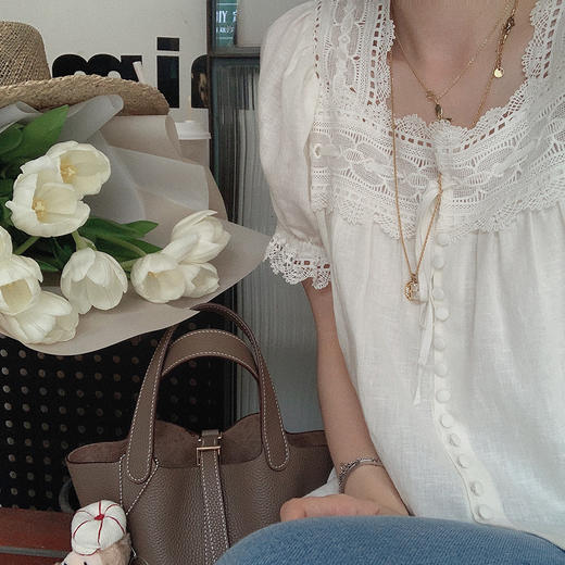 荷叶领小米S码 金蘑菇菇【盛夏真如意】法式少女方领泡泡袖上衣亚麻短袖衬衫 商品图1