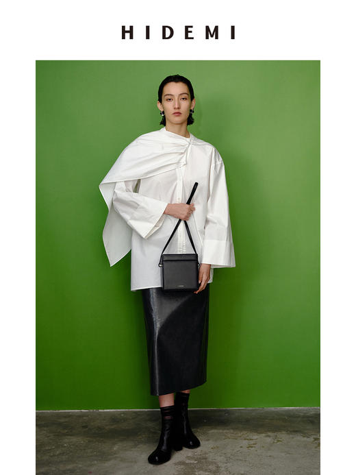 HIDEMI 极简多穿可拆卸围巾式纽扣廓形衬衫 白色/黑色 商品图0