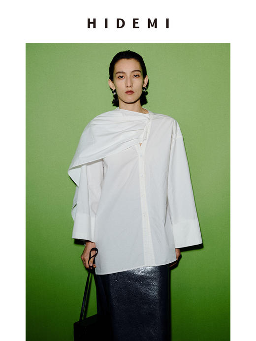 HIDEMI 极简多穿可拆卸围巾式纽扣廓形衬衫 白色/黑色 商品图6