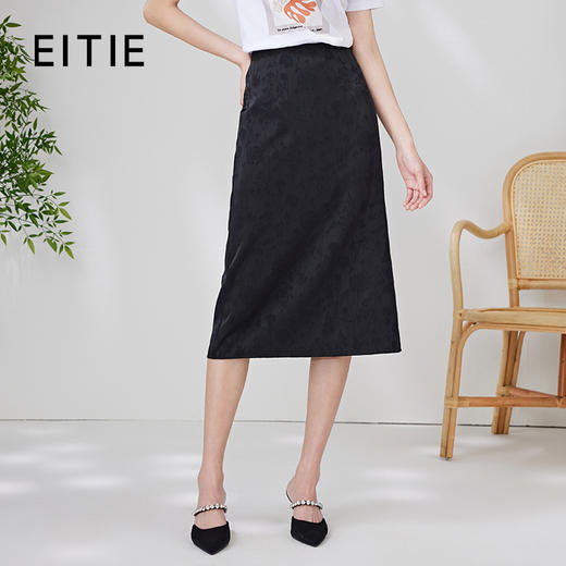EITIE爱特爱夏新款高腰显瘦a字中裙黑色暗纹印花复古时尚半身裙B06102 商品图0