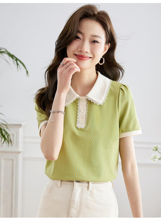 【专属特价】熙世界抹茶绿POLO衫女短袖2025夏季新款撞色蕾丝花边翻领T恤上衣 商品图0