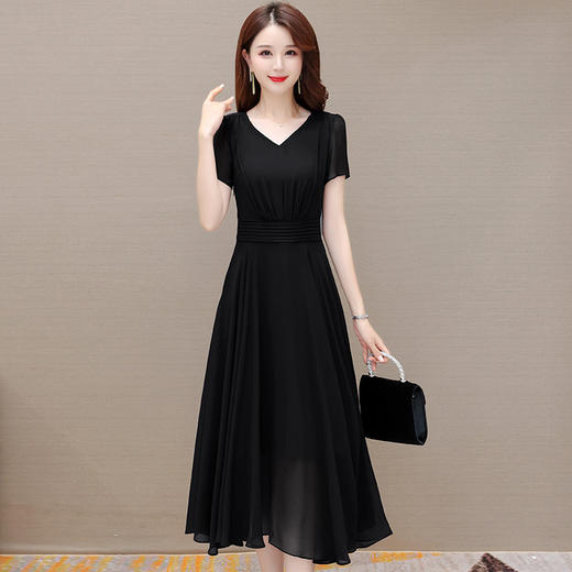 夏款简约修身，时尚长款连衣裙V领短袖优雅气质不规则雪纺裙QYM-DFN-A2735-L 商品图1