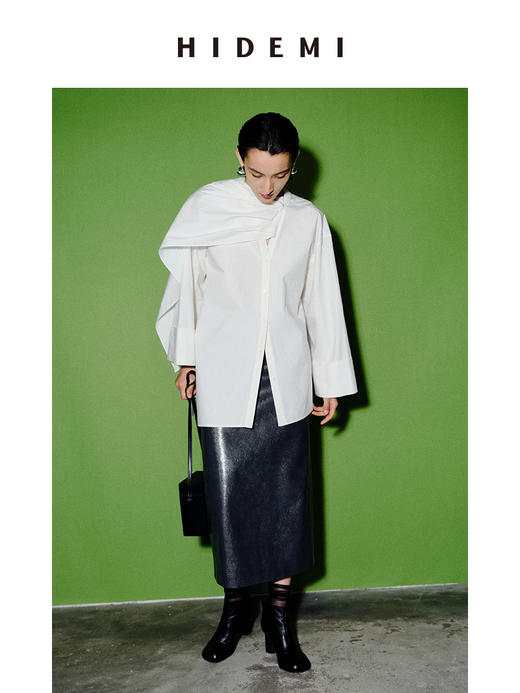 HIDEMI 极简多穿可拆卸围巾式纽扣廓形衬衫 白色/黑色 商品图3