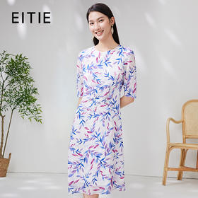 EITIE爱特爱夏新款收腰显瘦大方圆领时尚枝叶印花真丝连衣裙B2307138