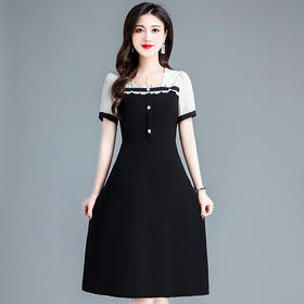 QYMXYKL-CF12-L 2023年夏款中长款简约拼接修身时尚连衣裙方领短袖气质通勤A字裙