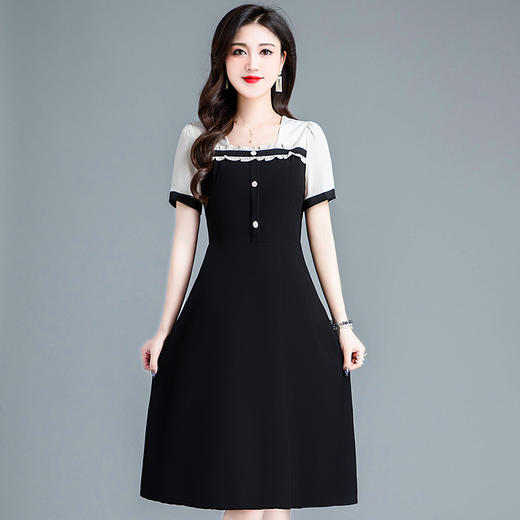 QYMXYKL-CF12-L 2023年夏款中长款简约拼接修身时尚连衣裙方领短袖气质通勤A字裙 商品图0