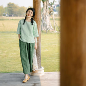 绽放223朵/春新款日系文艺复古萝卜裤显瘦亚麻宽松阔腿九分休闲裤