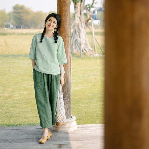 绽放223朵/春新款日系文艺复古萝卜裤显瘦亚麻宽松阔腿九分休闲裤 商品图0