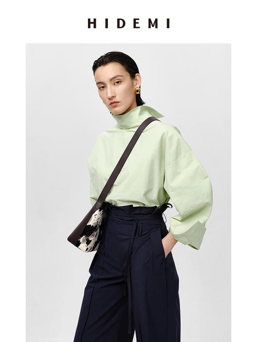 HIDEMI特殊工艺纸感微浮雕感艺术面料极简大廓形袖衬衫 奶油白/牛油果绿 商品图11