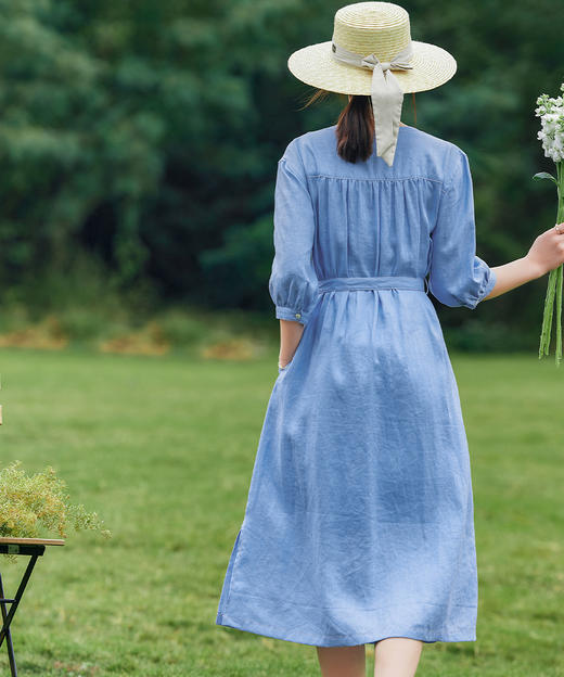 2023春原创文艺亚麻连衣裙纯色气质侧开叉长裙YM-S348 商品图2