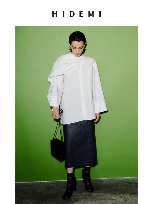 HIDEMI 极简多穿可拆卸围巾式纽扣廓形衬衫 白色/黑色 商品图7