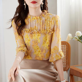 AHMdtyx2180印花雪纺衬衫妈妈装2023夏季新款时尚气质优雅宽松显瘦荷叶领上衣