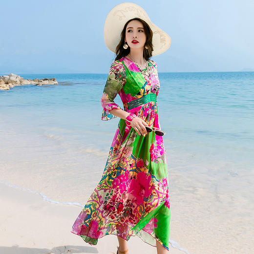 JB9932夏女装新款桑蚕丝真丝连衣裙V领修身大摆七分袖长裙 商品图3