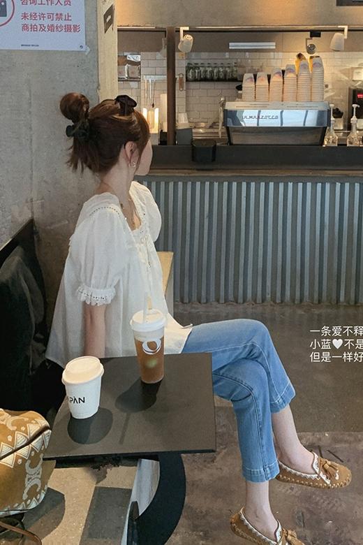 荷叶领小米S码 金蘑菇菇【盛夏真如意】法式少女方领泡泡袖上衣亚麻短袖衬衫 商品图5