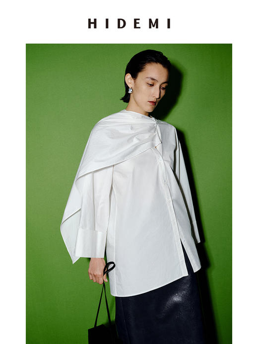HIDEMI 极简多穿可拆卸围巾式纽扣廓形衬衫 白色/黑色 商品图5