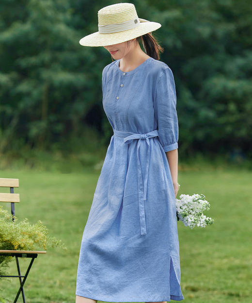 2023春原创文艺亚麻连衣裙纯色气质侧开叉长裙YM-S348 商品图1