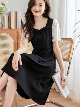【专属特价】熙世界气质赫本风连衣裙女2025夏季新款撞色泡泡袖拼接方领小黑裙