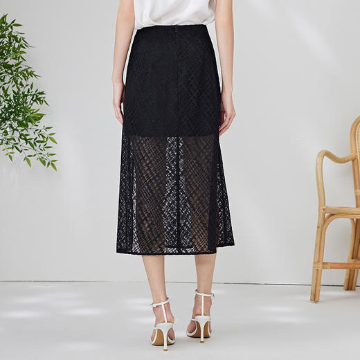 EITIE爱特爱夏新款新中式盘扣时尚显瘦黑色通勤开叉网纱半身裙B06106 商品图4