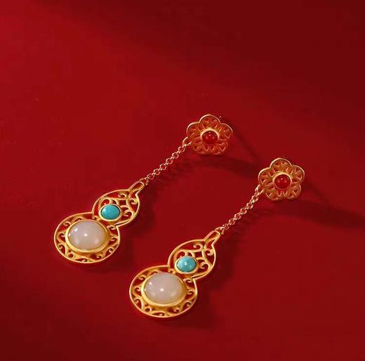 古法金绿松南红和田玉葫芦耳饰 商品图0