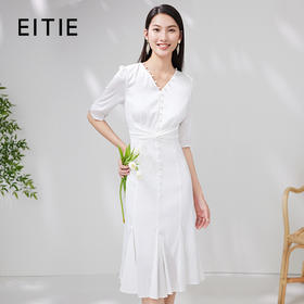 EITIE爱特爱夏季新款气质V领法式茶歇鱼尾时尚简约白色连衣裙B2307134