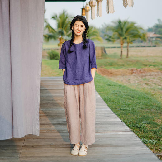 绽放223朵/春新款日系文艺复古萝卜裤显瘦亚麻宽松阔腿九分休闲裤 商品图1