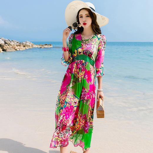 JB9932夏女装新款桑蚕丝真丝连衣裙V领修身大摆七分袖长裙 商品图4