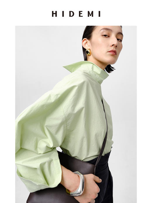 HIDEMI特殊工艺纸感微浮雕感艺术面料极简大廓形袖衬衫 奶油白/牛油果绿 商品图12