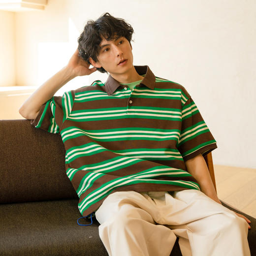 PRIMEE H/S Stripe Big Polo Sweater 珠地网眼廓形条纹POLO衫T恤 商品图2