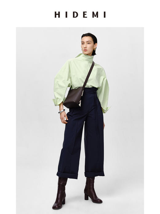 HIDEMI特殊工艺纸感微浮雕感艺术面料极简大廓形袖衬衫 奶油白/牛油果绿 商品图10