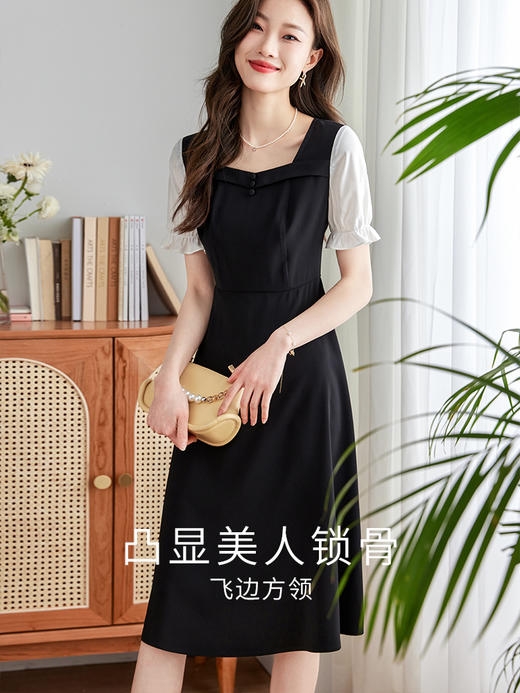 【专属特价】熙世界气质赫本风连衣裙女2025夏季新款撞色泡泡袖拼接方领小黑裙 商品图1