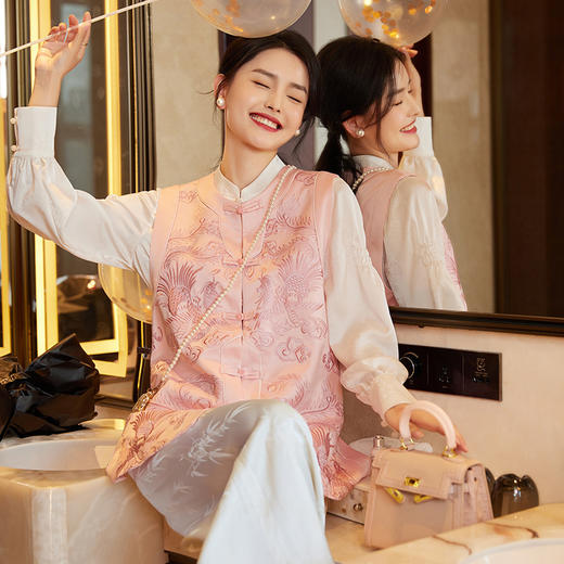 FLZD-A9247中国风重工刺绣马甲背心外套女复古中式圆领盘扣马夹唐装上衣9247 商品图1