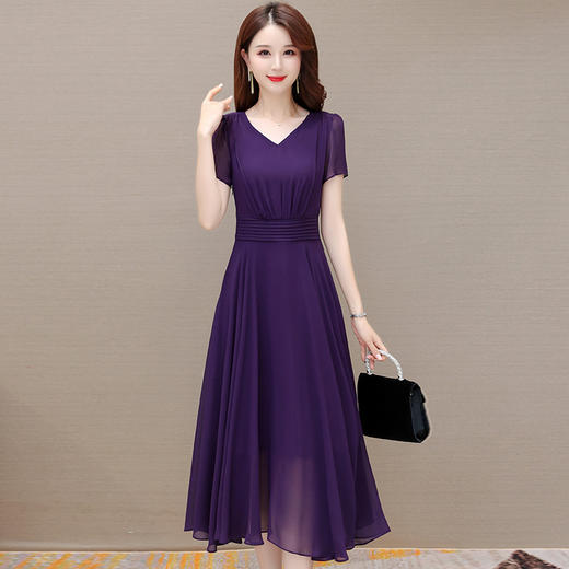 夏款简约修身，时尚长款连衣裙V领短袖优雅气质不规则雪纺裙QYM-DFN-A2735-L 商品图0