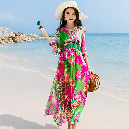 JB9932夏女装新款桑蚕丝真丝连衣裙V领修身大摆七分袖长裙 商品图2