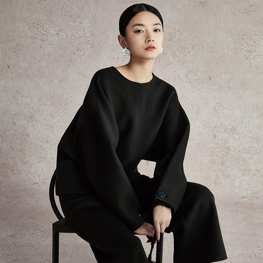 璞宿PUSU2023早春新款绵羊毛套装女慵懒文艺毛呢外套九分裤阔腿裤 商品图4