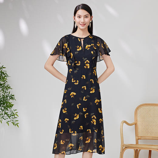 EITIE爱特爱EITIE爱特爱夏新款复古法式优雅印花时尚通勤温柔感真丝连衣裙B2307140 商品图2