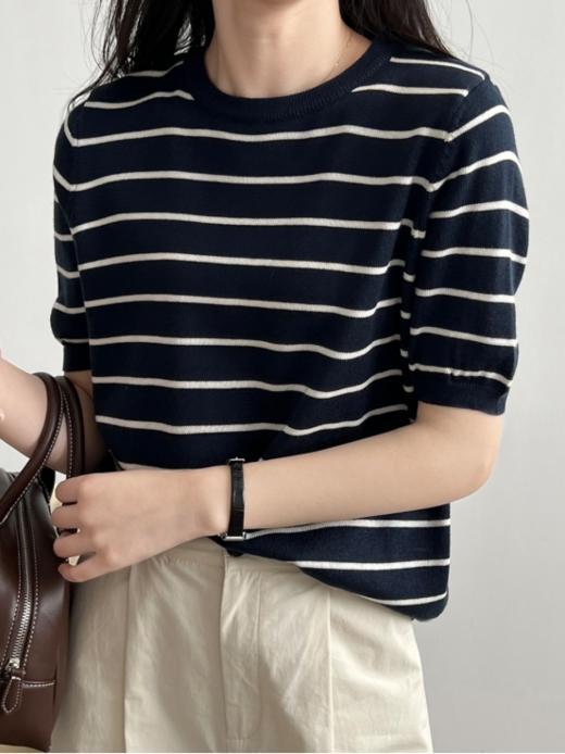 【岚可可韩系百搭圆领条纹羊毛短袖】夏天的单品百搭度条纹是nice的  即带着浓郁的复古 也沉淀着时尚 商品图2