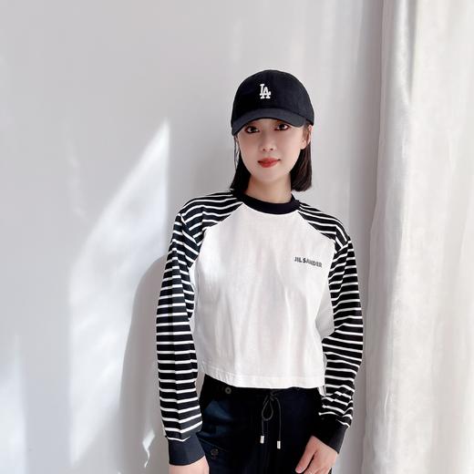 慵懒风长袖T恤23春夏新款字母印花休闲宽松拼接条纹短款上衣女 商品图1